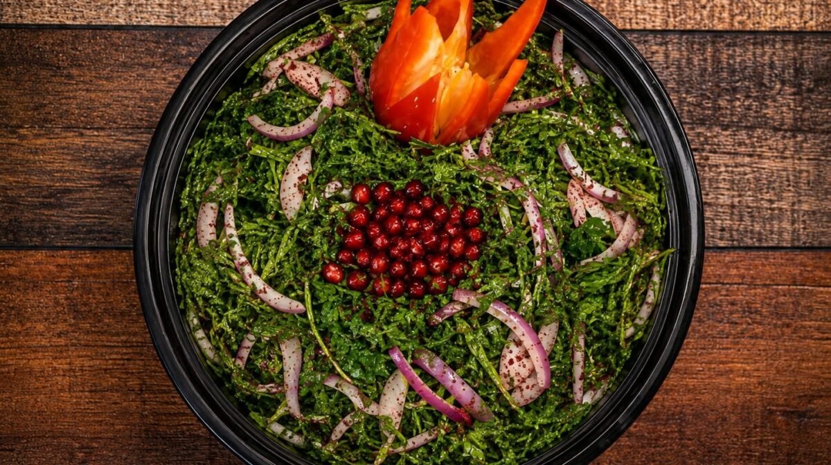 Arugula salad with red onion, pomegranate and sumac