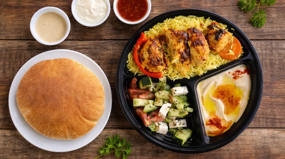 Chicken kabob plate with rice, salad, hummus and pita bread