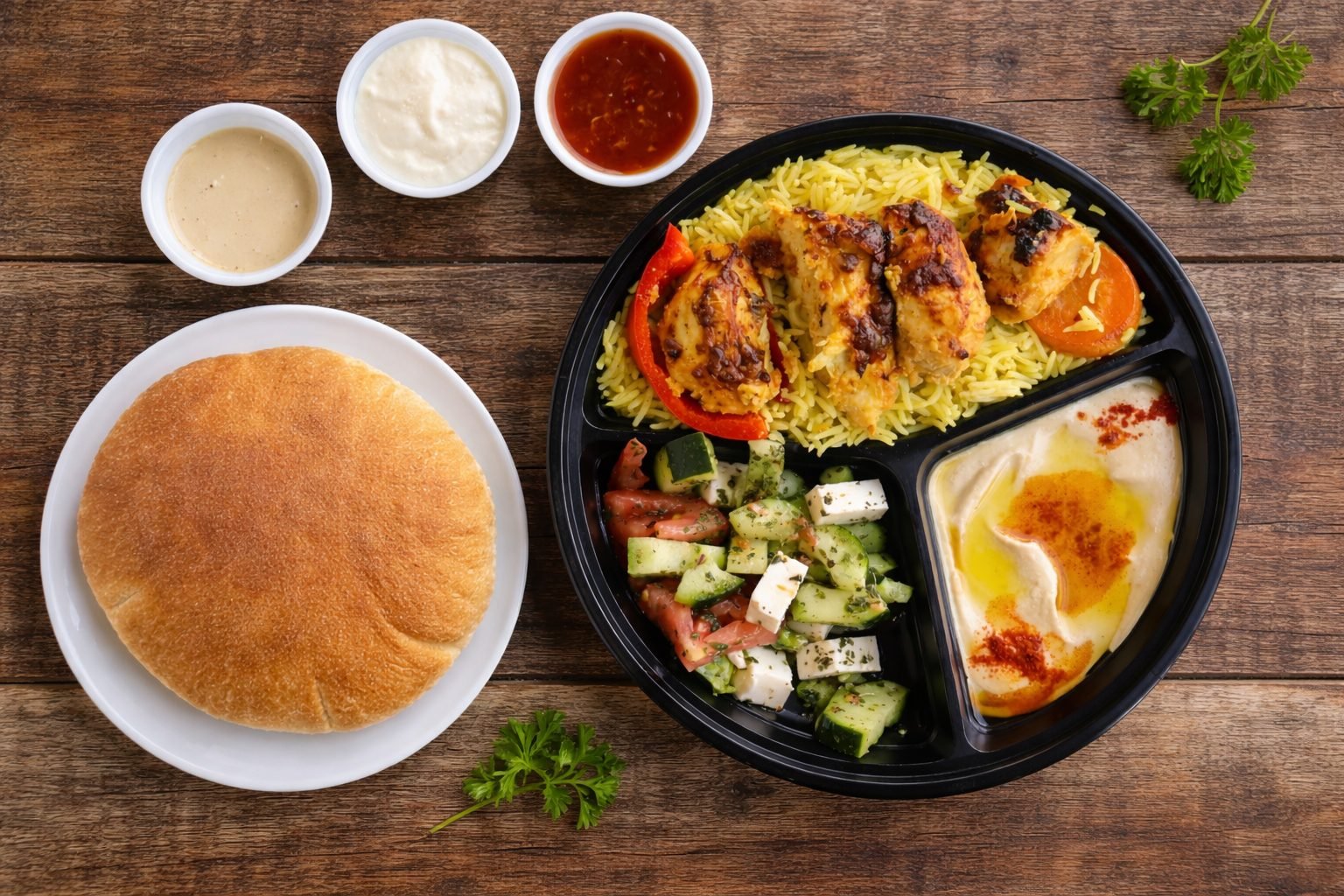 Chicken kabob plate with rice, salad, hummus and pita bread