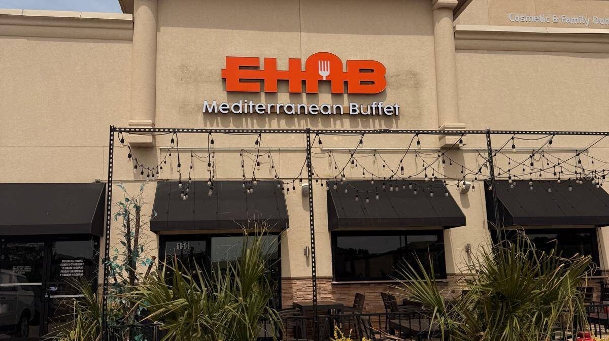 Entrance and outdoor patio seating at Ehab Mediterranean Buffet