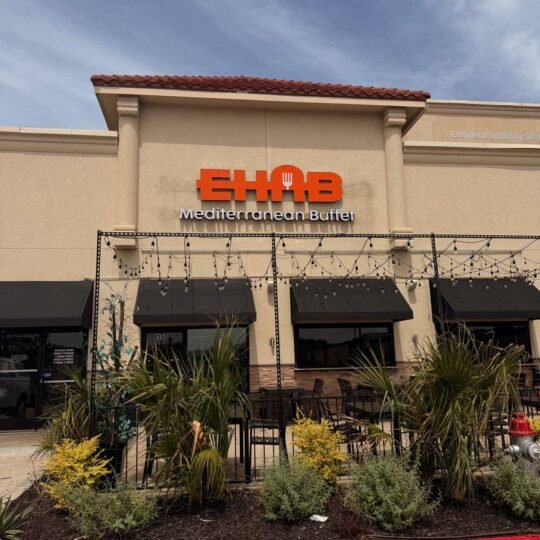 Entrance and outdoor patio seating at Ehab Mediterranean Buffet