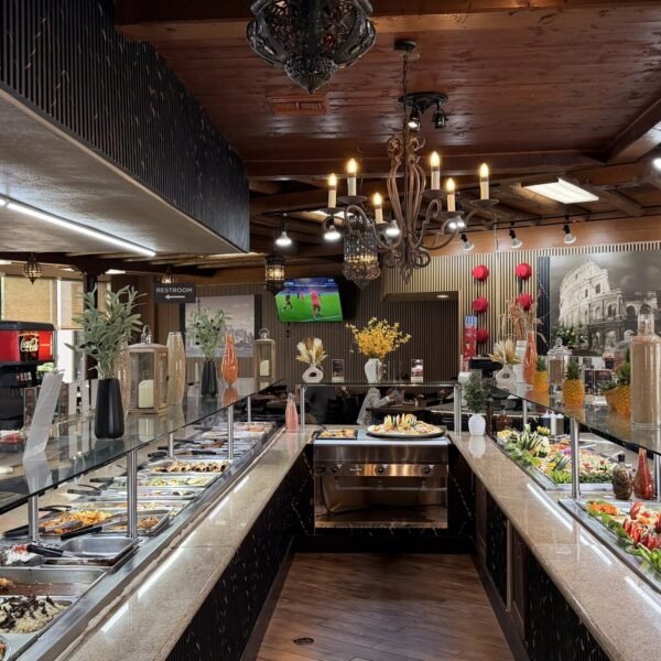 The hot and cold buffet line inside Ehab Mediterranean Buffet
