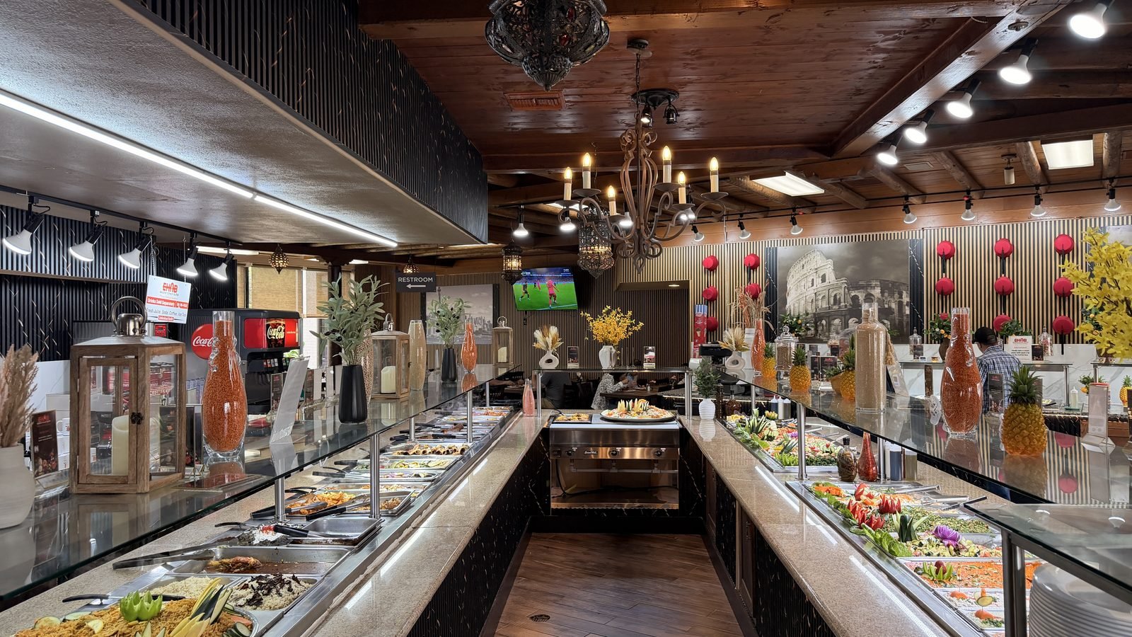 The hot and cold buffet line inside Ehab Mediterranean Buffet