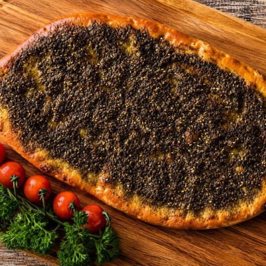 Thyme za'atar flatbread with olive oil and cherry tomatoes